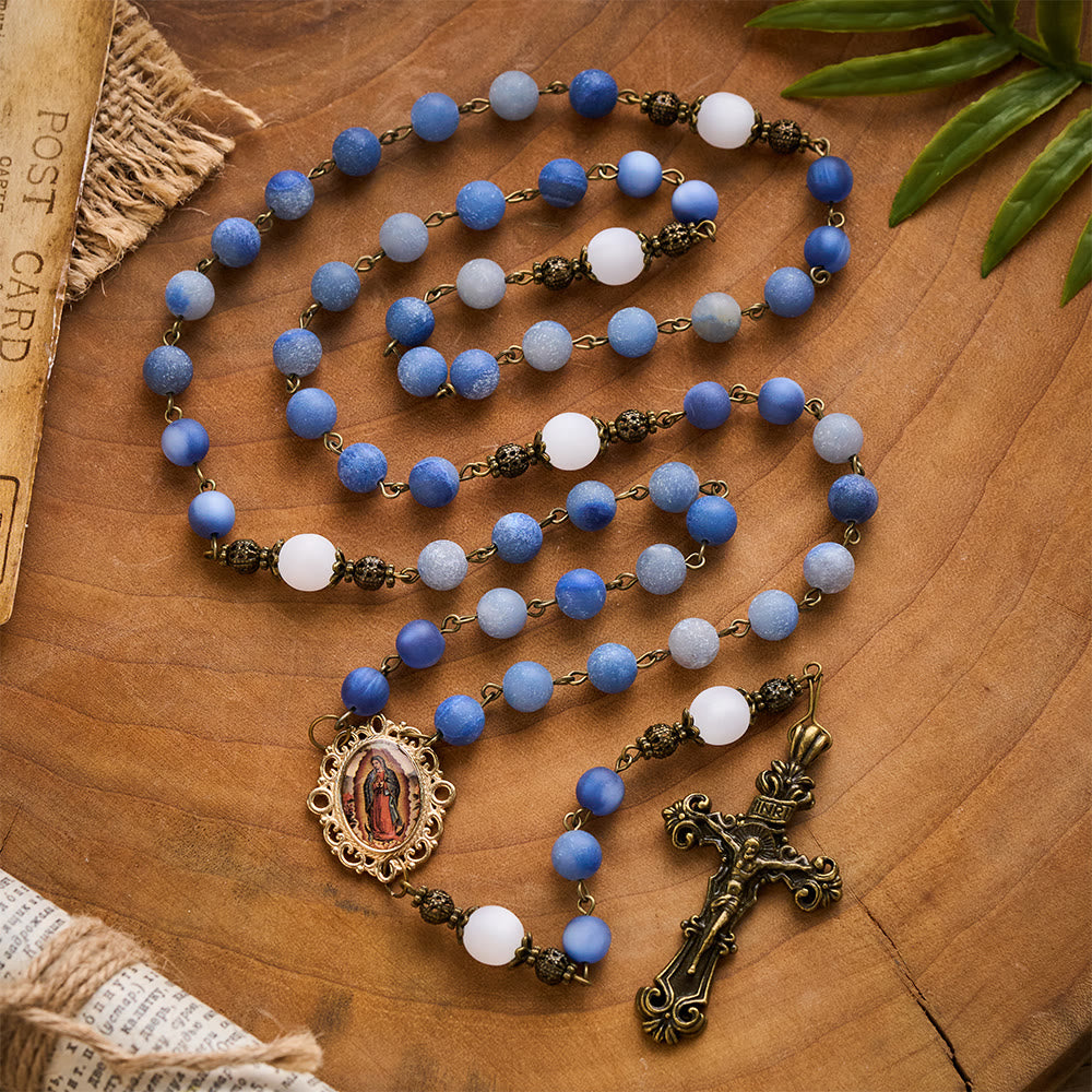 Solacebeads Frosted Blue Aventurine Handmade Peaceful Sea Rosary: Woven With Quietness - Blue & White - image 0