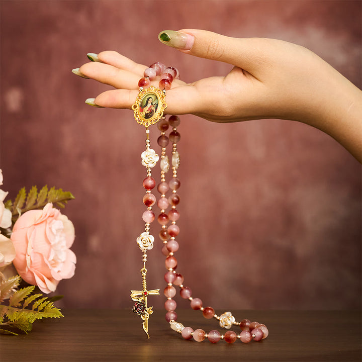 SolaceBeads Pink Stone Rosary Crafted with  Resin Camellia Accents &amp; St. Therest: Timeless Elegance - image 1