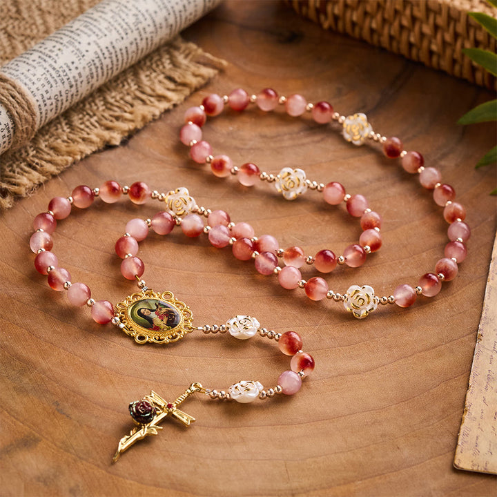 SolaceBeads Pink Stone Rosary Crafted with  Resin Camellia Accents &amp; St. Therest: Timeless Elegance - image 8