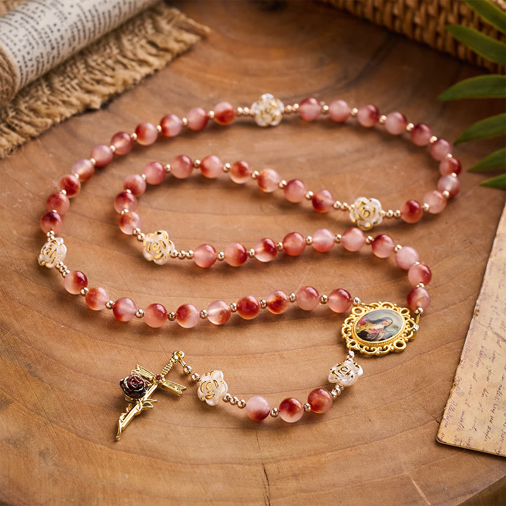 SolaceBeads Pink Stone Rosary Crafted with  Resin Camellia Accents &amp; St. Therest: Timeless Elegance - image 9