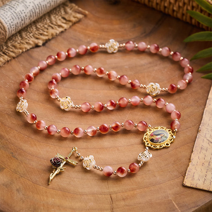 SolaceBeads Pink Stone Rosary Crafted with  Resin Camellia Accents &amp; St. Therest: Timeless Elegance - image 9