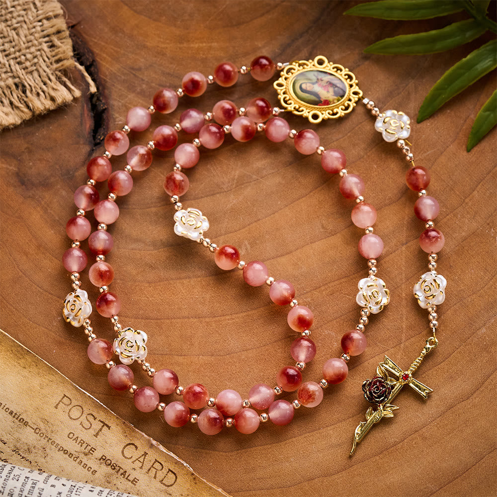SolaceBeads Pink Stone Rosary Crafted with  Resin Camellia Accents & St. Therest: Timeless Elegance - St. Therese Theme - image 0