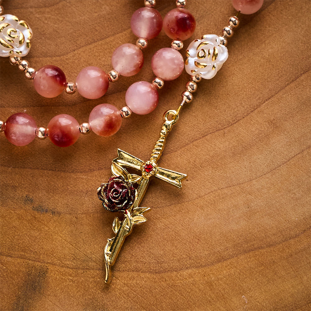 SolaceBeads Pink Stone Rosary Crafted with  Resin Camellia Accents &amp; St. Therest: Timeless Elegance - image 6