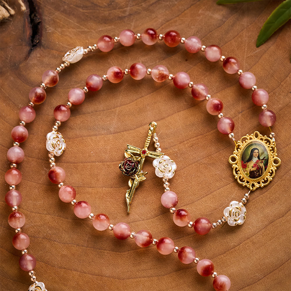 SolaceBeads Pink Stone Rosary Crafted with  Resin Camellia Accents &amp; St. Therest: Timeless Elegance - image 2