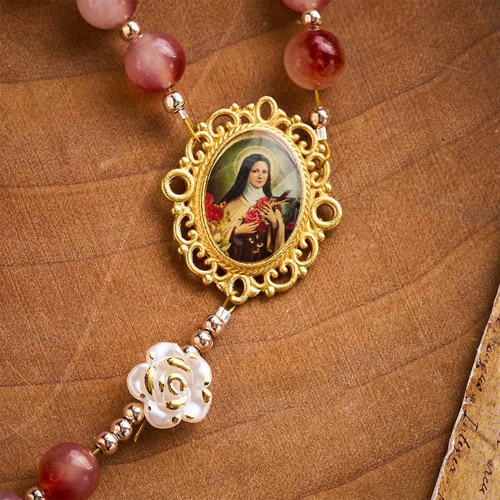 SolaceBeads Pink Stone Rosary Crafted with  Resin Camellia Accents &amp; St. Therest: Timeless Elegance - image 4