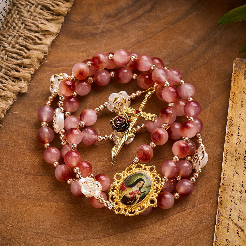 SolaceBeads Pink Rose-Quartz Tone Rosary with Camellia Accents