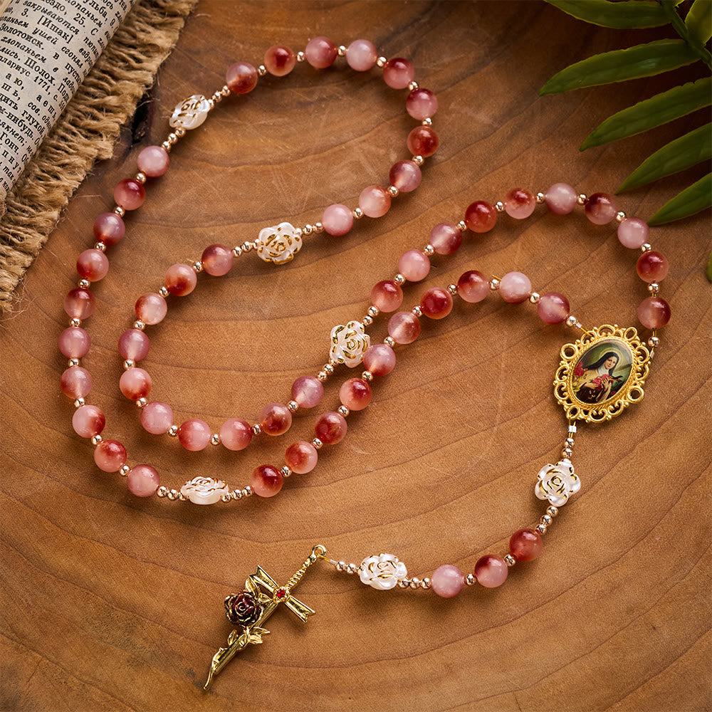 SolaceBeads Pink Stone Rosary Crafted with  Resin Camellia Accents &amp; St. Therest: Timeless Elegance - image 3