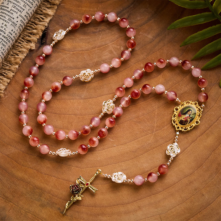 SolaceBeads Pink Stone Rosary Crafted with  Resin Camellia Accents &amp; St. Therest: Timeless Elegance - image 3