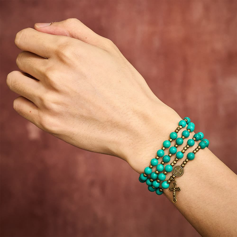 SolaceBeads Turquoise Wrap Bracelet with St. Benedict Medal &amp; Crucifix: Wearable Devotion - image 1
