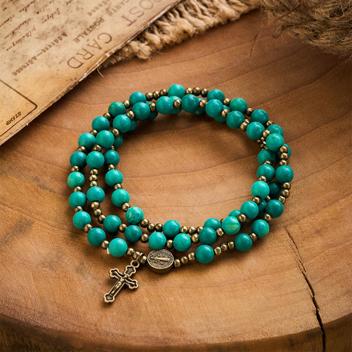 SolaceBeads Turquoise Wrap Bracelet with St. Benedict Medal &amp; Crucifix: Wearable Devotion - Turquoise - image 0