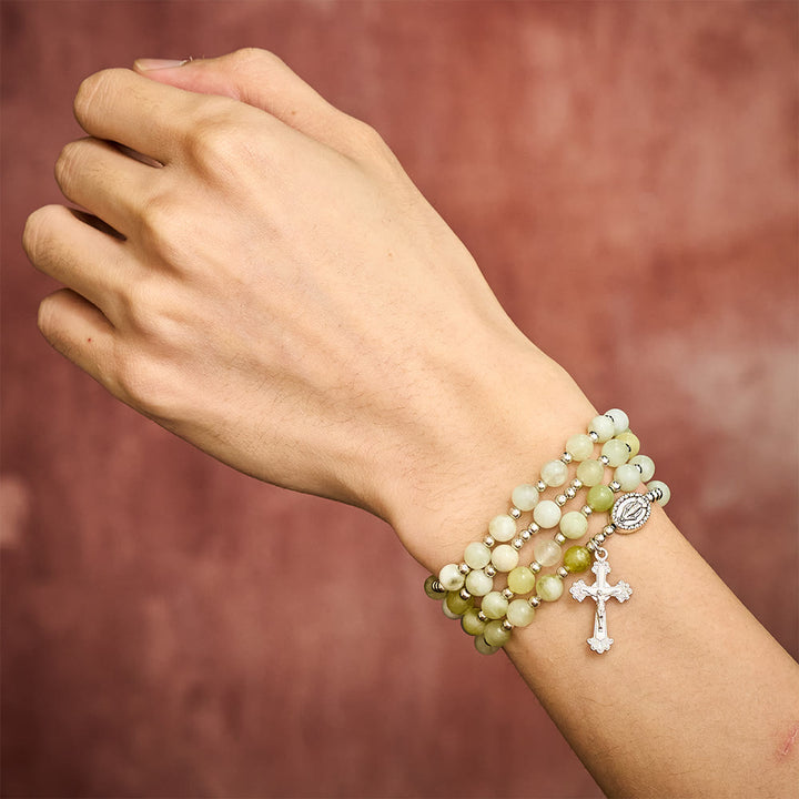 SolaceBeads Green Xiuyan Jade Rosary Bracelet Wrap with Miraculous Medal: Wearable Calm - image 1
