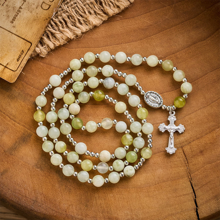 SolaceBeads Green Xiuyan Jade Rosary Bracelet Wrap with Miraculous Medal: Wearable Calm - image 2