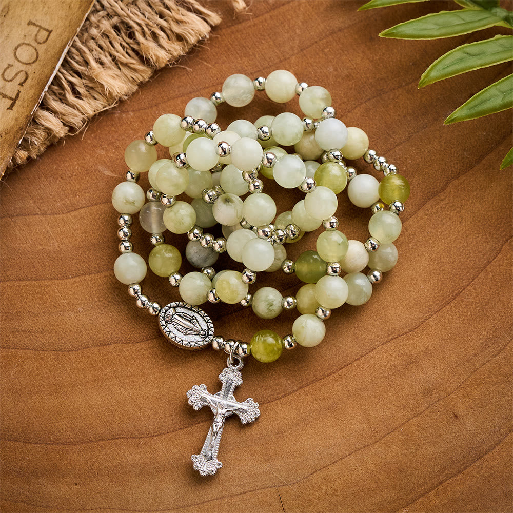 SolaceBeads Green Xiuyan Jade Rosary Bracelet Wrap with Miraculous Medal: Wearable Calm - image 6