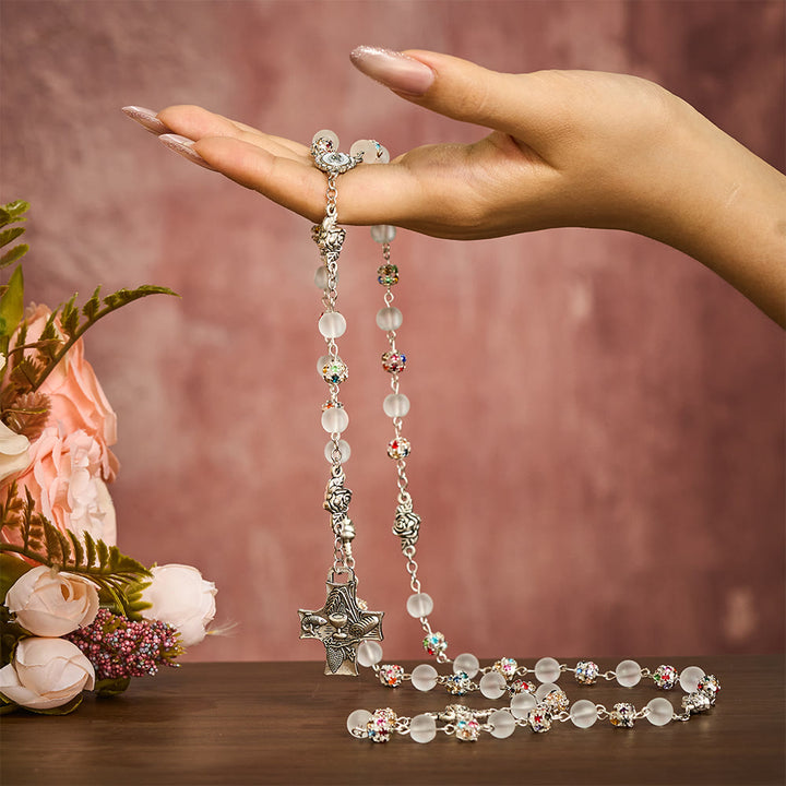 Solacebeads White Frosted Glass &amp; Multi-color Crystal Rosary: The Grace Of Guadalupe &amp;communion  - image 1