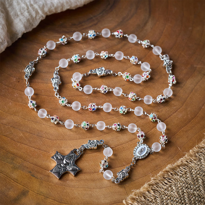 Solacebeads White Frosted Glass &amp; Multi-color Crystal Rosary: The Grace Of Guadalupe &amp;communion  - Frosted Glass - image 0