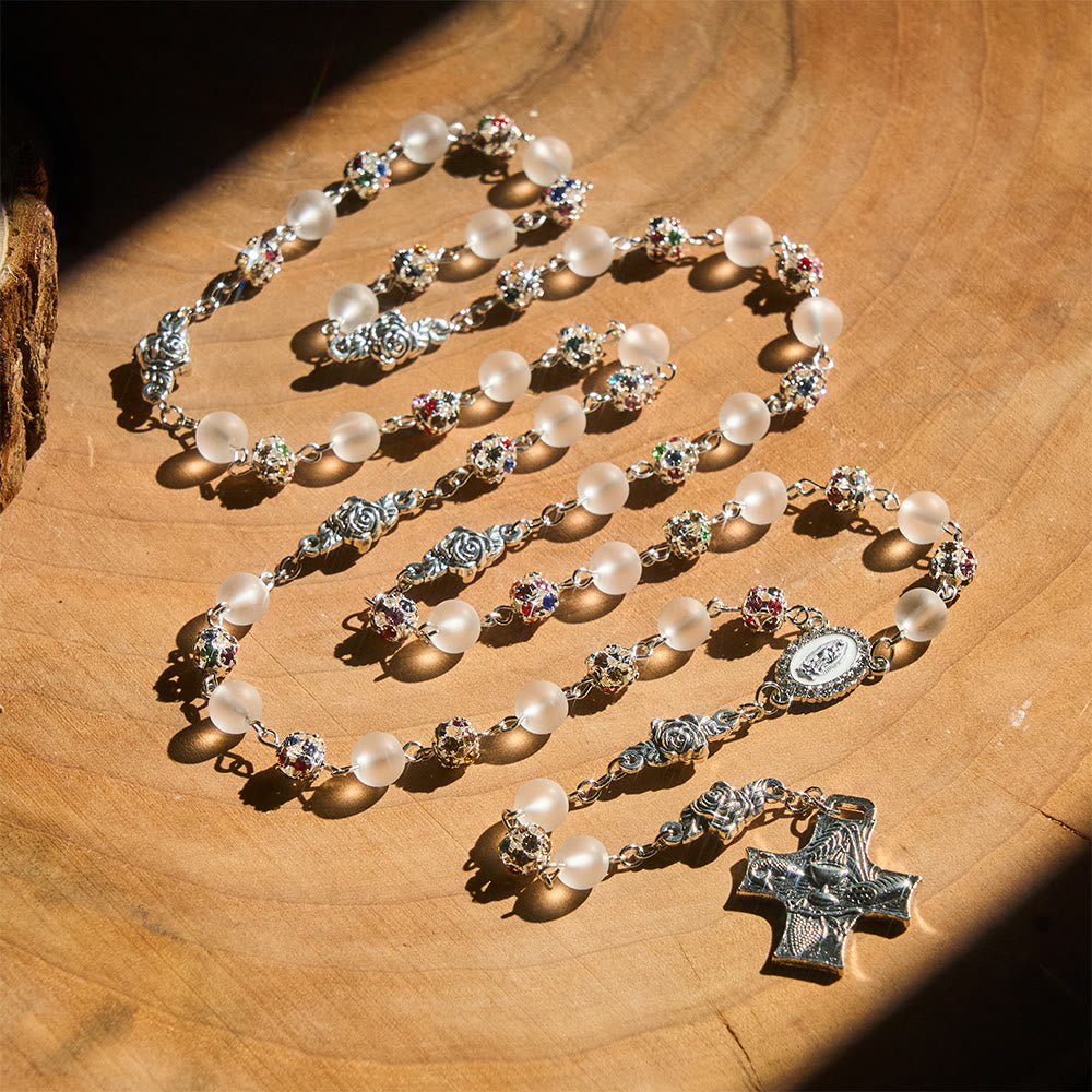 Solacebeads White Frosted Glass &amp; Multi-color Crystal Rosary: The Grace Of Guadalupe &amp;communion  - image 2