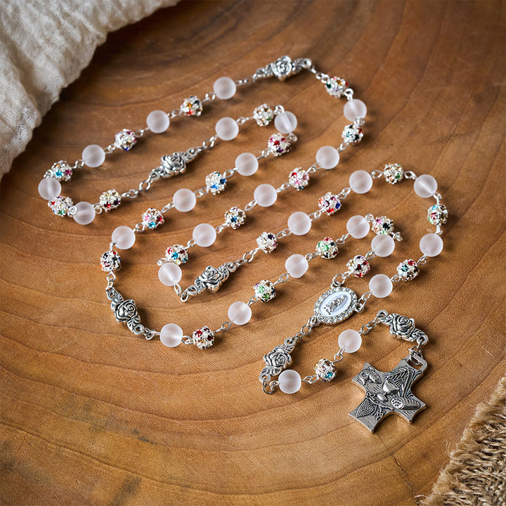 Solacebeads White Frosted Glass &amp; Multi-color Crystal Rosary: The Grace Of Guadalupe &amp;communion  - image 3