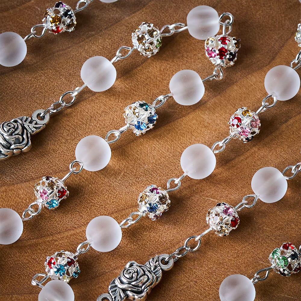 Solacebeads White Frosted Glass &amp; Multi-color Crystal Rosary: The Grace Of Guadalupe &amp;communion  - image 4