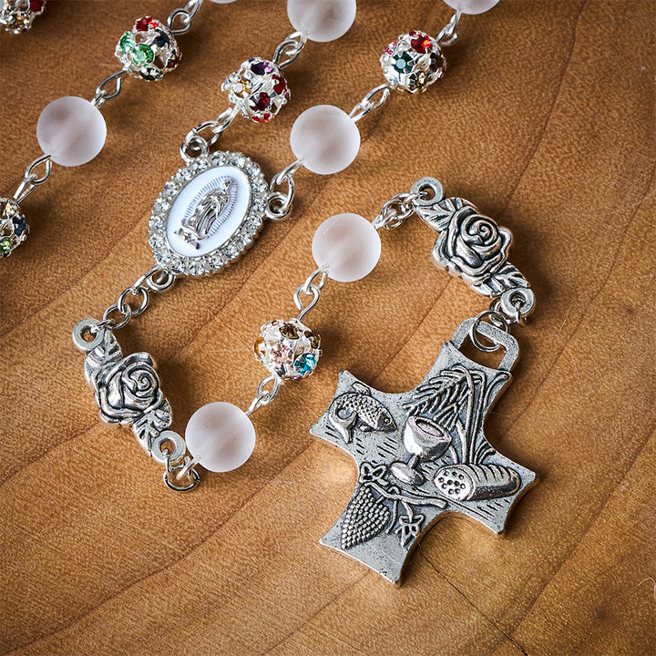 Solacebeads White Frosted Glass &amp; Multi-color Crystal Rosary: The Grace Of Guadalupe &amp;communion  - image 6