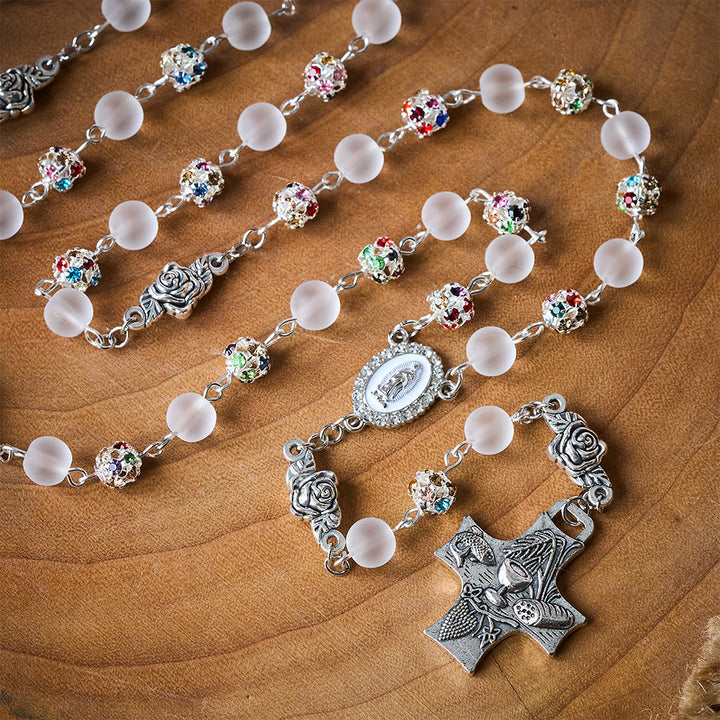 Solacebeads White Frosted Glass &amp; Multi-color Crystal Rosary: The Grace Of Guadalupe &amp;communion  - image 5