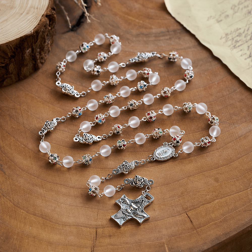 Solacebeads White Frosted Glass &amp; Multi-color Crystal Rosary: The Grace Of Guadalupe &amp;communion  - image 8