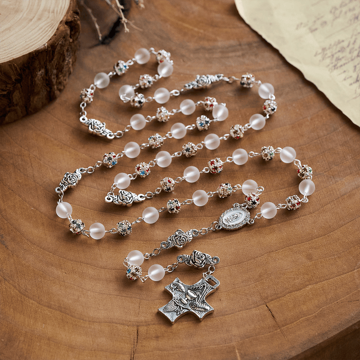 Solacebeads White Frosted Glass &amp; Multi-color Crystal Rosary: The Grace Of Guadalupe &amp;communion  - image 8