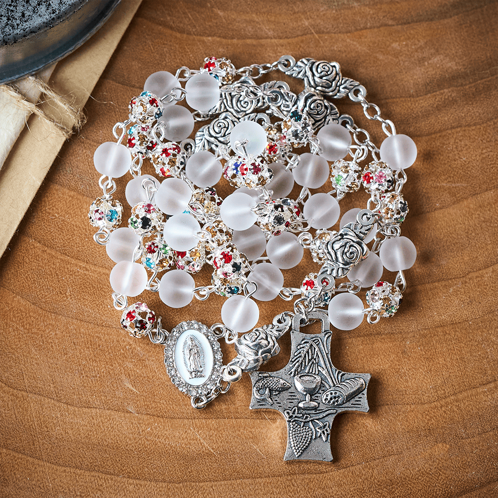 Solacebeads White Frosted Glass &amp; Multi-color Crystal Rosary: The Grace Of Guadalupe &amp;communion  - image 7