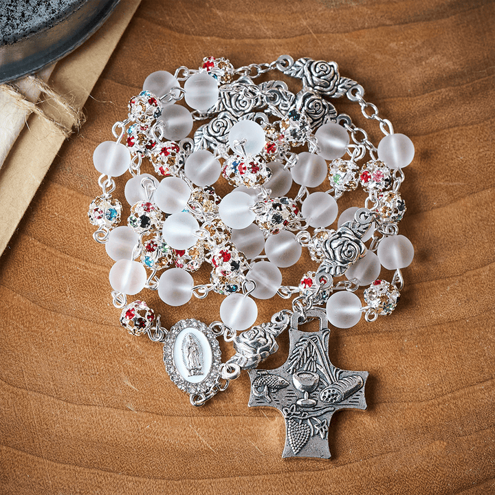 Solacebeads White Frosted Glass &amp; Multi-color Crystal Rosary: The Grace Of Guadalupe &amp;communion  - image 7