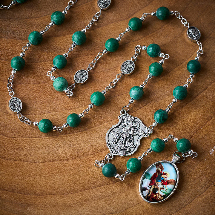 Solacebeads St. Michael Chaplet With Malachite &amp; Archangel Medals: Shield Of Protection - Malachite - image 0