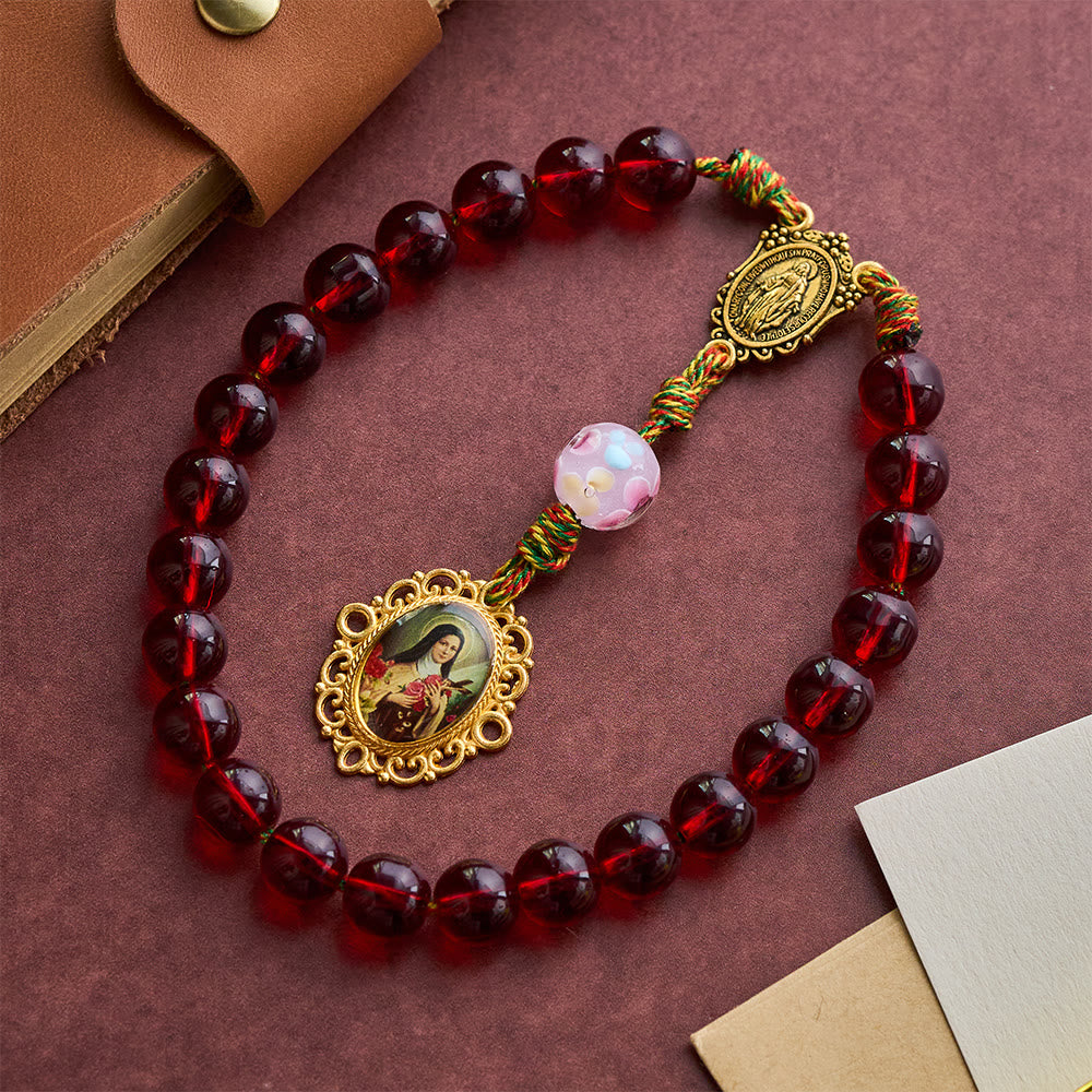 SolaceBeads Wine Red St. Therese Glass Roasary Chaplet With Floral Lampwork Bead: Timeless Elegance - St. Therese - image 0