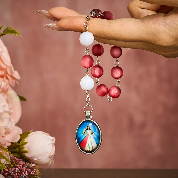 SolaceBeads Frosted Red &amp; White Divine Mercy Rosary Chaplet: A Guardian of Peace - image 1