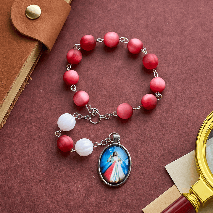 SolaceBeads Frosted Red &amp; White Divine Mercy Rosary Chaplet: A Guardian of Peace - Divine Mercy - image 0