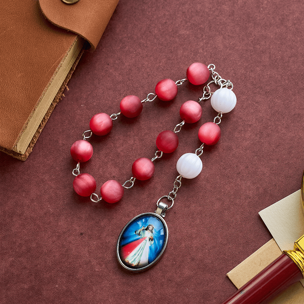 SolaceBeads Frosted Red &amp; White Divine Mercy Rosary Chaplet: A Guardian of Peace - image 4