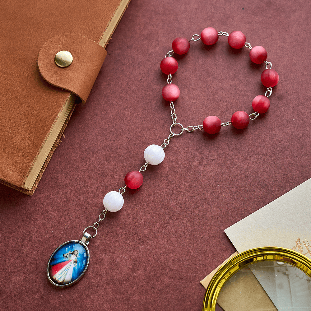 SolaceBeads Frosted Red &amp; White Divine Mercy Rosary Chaplet: A Guardian of Peace - image 5