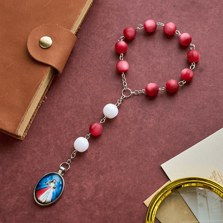 SolaceBeads Frosted Red &amp; White Divine Mercy Rosary Chaplet: A Guardian of Peace - image 5