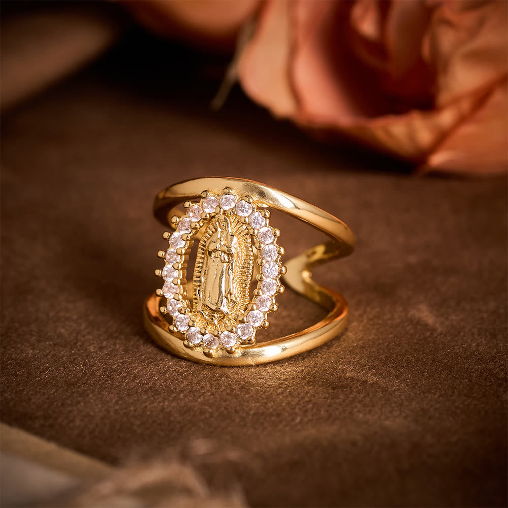 SolaceBeads Guadalupe Virgin Ring: Gold Plated Copper &amp; Zircon Adjustable Open Ring - Faith in Gold - image 5