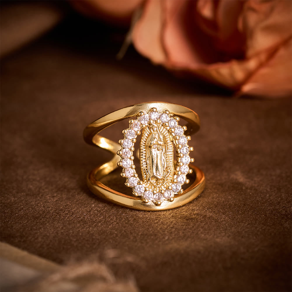 SolaceBeads Guadalupe Virgin Ring: Gold Plated Copper &amp; Zircon Adjustable Open Ring - Faith in Gold - image 4