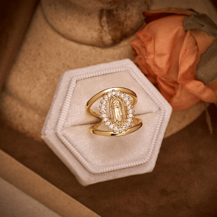 SolaceBeads Guadalupe Virgin Ring: Gold Plated Copper &amp; Zircon Adjustable Open Ring - Faith in Gold - image 1