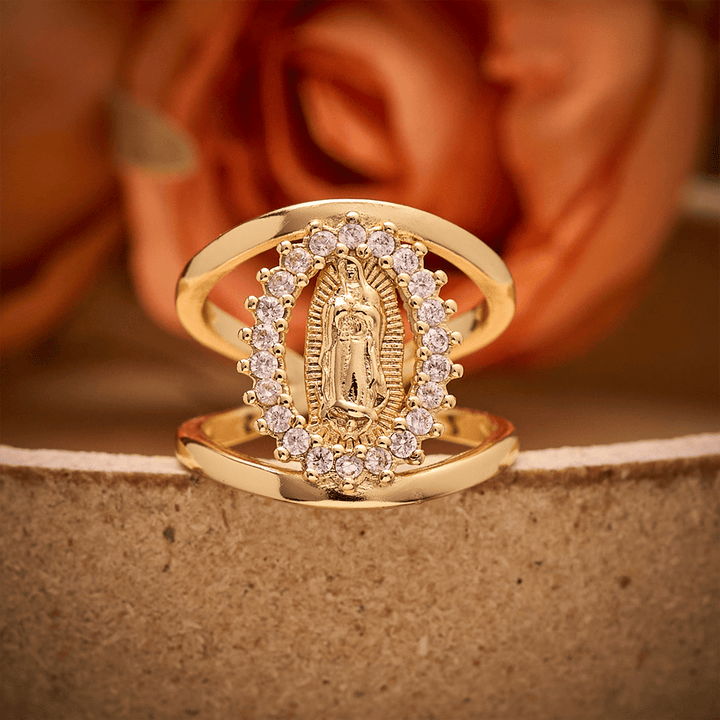 SolaceBeads Guadalupe Virgin Ring: Gold Plated Copper &amp; Zircon Adjustable Open Ring - Faith in Gold - Adjustable(From US Sizes 10 to 13) - image 0