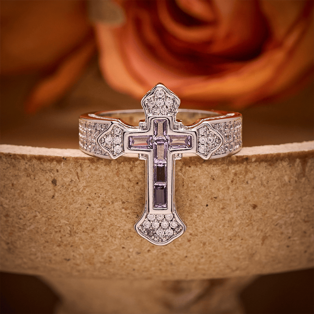 SolaceBeads Gold/Silver Plated Iced Out Cross Band Ring: Faith in Sparkle - Silver &amp; Royal Purple - US 11 - image 3