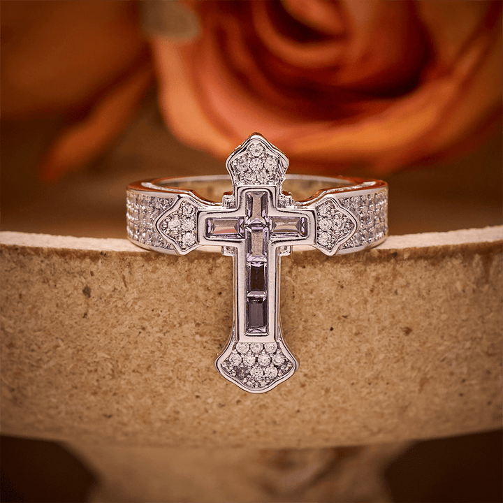 SolaceBeads Gold/Silver Plated Iced Out Cross Band Ring: Faith in Sparkle - Silver &amp; Royal Purple - US 11 - image 3