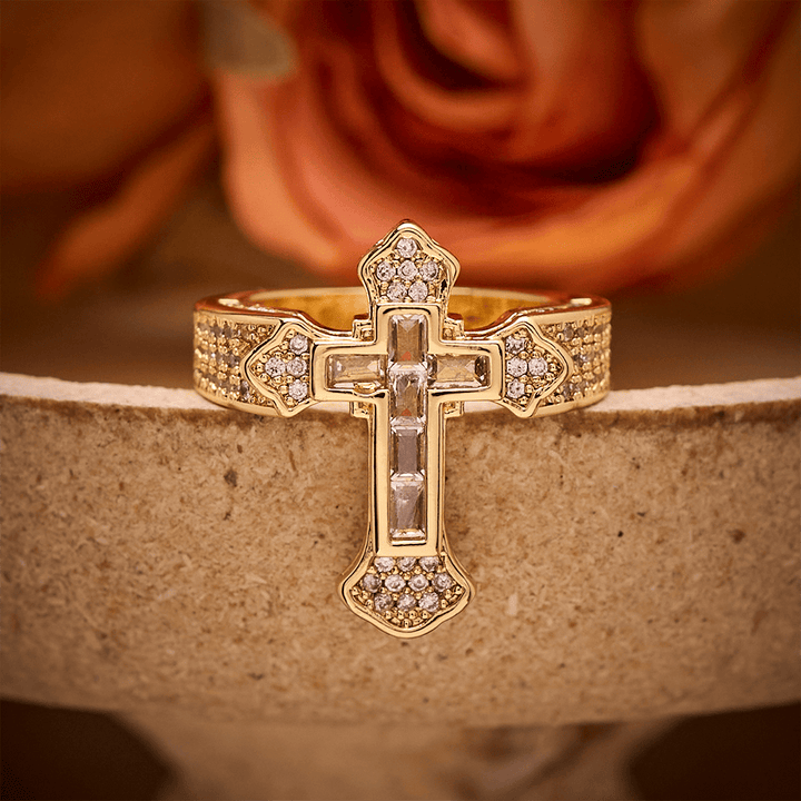 SolaceBeads Gold/Silver Plated Iced Out Cross Band Ring: Faith in Sparkle - Gold &amp; Crystal White - US 11 - image 0