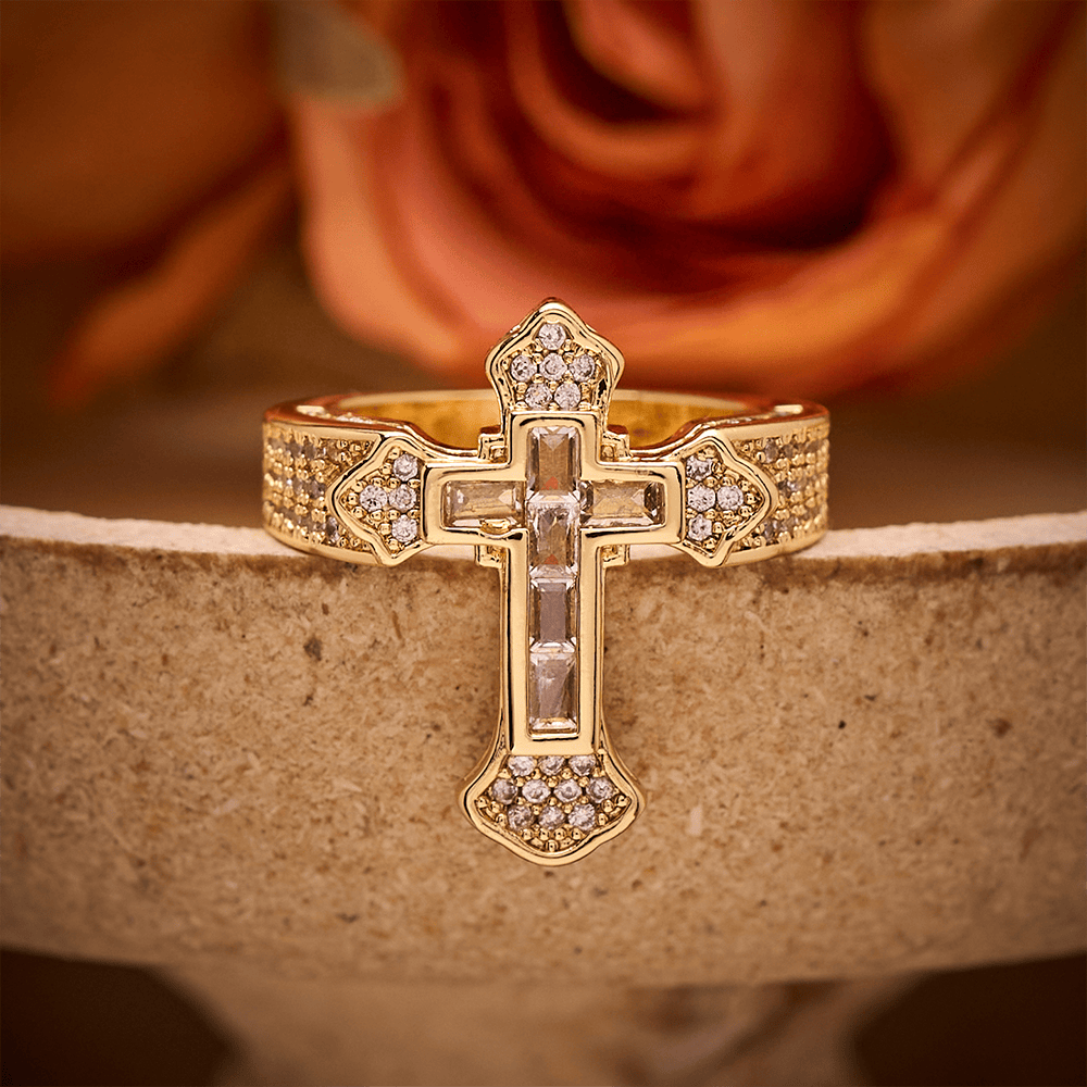 SolaceBeads Gold/Silver Plated Iced Out Cross Band Ring: Faith in Sparkle - Gold & Crystal White - US 11 - image 0