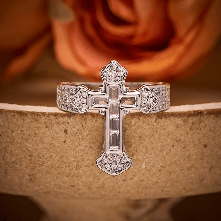 SolaceBeads Gold/Silver Plated Iced Out Cross Band Ring: Faith in Sparkle - Silver &amp; Crystal White - US 11 - image 2