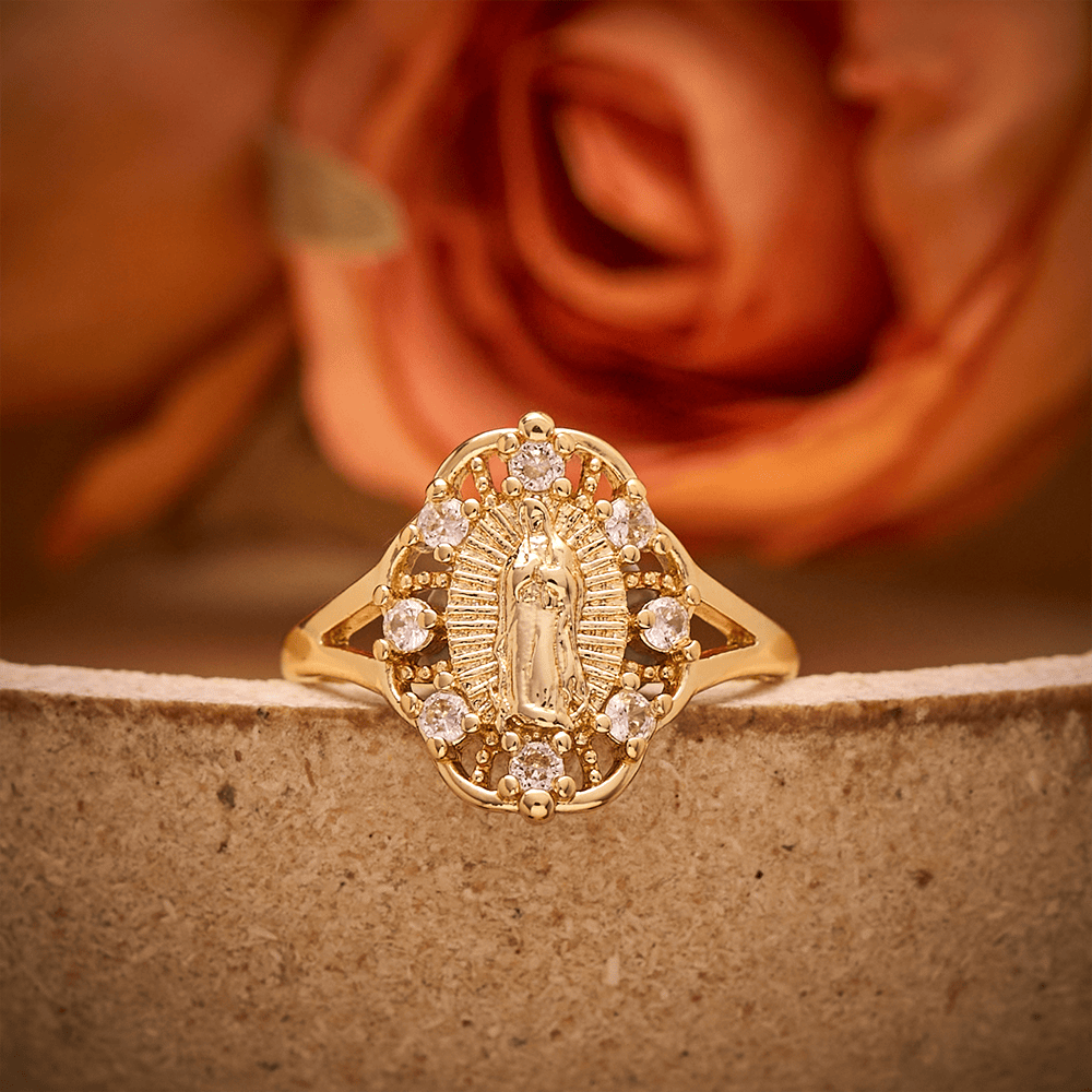 SolaceBeads Gold Plated Copper & Zircon Guadalupe Vintage Ring: Halo of Divine Grace - Adjustable(From US Sizes 6 to 9) - image 0