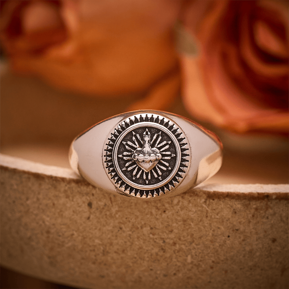 SolaceBeads Silver Copper Sacred Heart Adjustable Signet Ring: Heart of Devotion - Adjustable(From US Sizes 6 to 9) - image 0