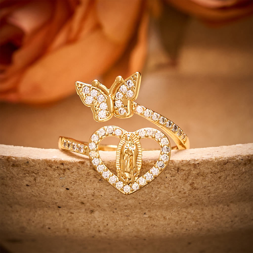 SolaceBeads Rhinestone Guadalupe Butterfly &amp; Heart Adjustable Ring: A Glowing Symbol of Light - Adjustable(From US Sizes 6 to 10) - image 0
