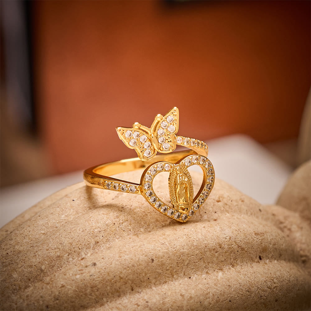 SolaceBeads Rhinestone Guadalupe Butterfly &amp; Heart Adjustable Ring: A Glowing Symbol of Light - image 1
