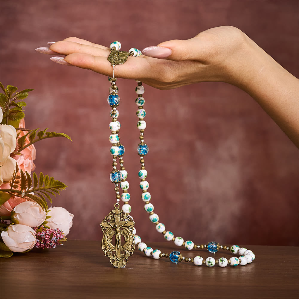 Solacebeads Orchid Ceramic &amp; Lampwork Floral Rosary With Holy Family &amp; Crucifix: Blossoms Of Faith - image 1