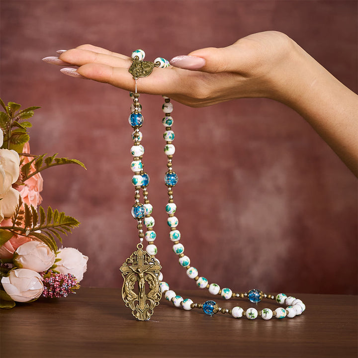 Solacebeads Orchid Ceramic &amp; Lampwork Floral Rosary With Holy Family &amp; Crucifix: Blossoms Of Faith - image 1